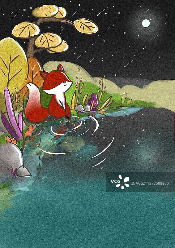 水边看月亮的小狐狸图片素材