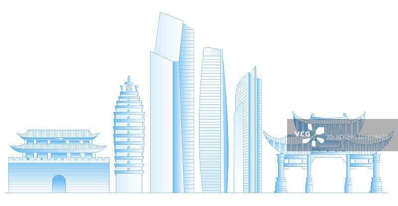 昆明城市地标建筑群矢量插画图片素材