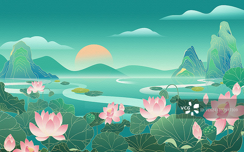传统节气立夏国风荷塘插画海报图片素材