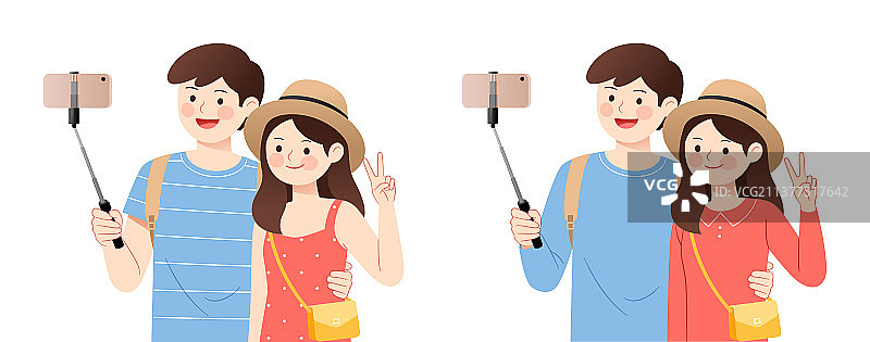 一对男女拿着自拍杆自拍图片素材