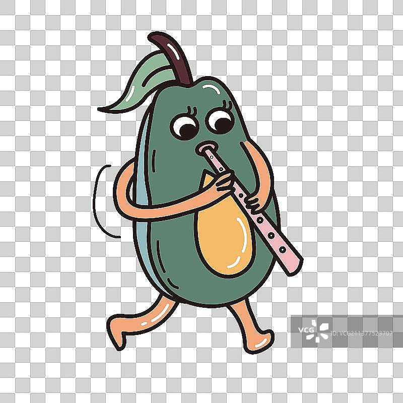 线条美食水果牛油果音乐吹笛子拟人doodle扁平可爱创意插画图片素材