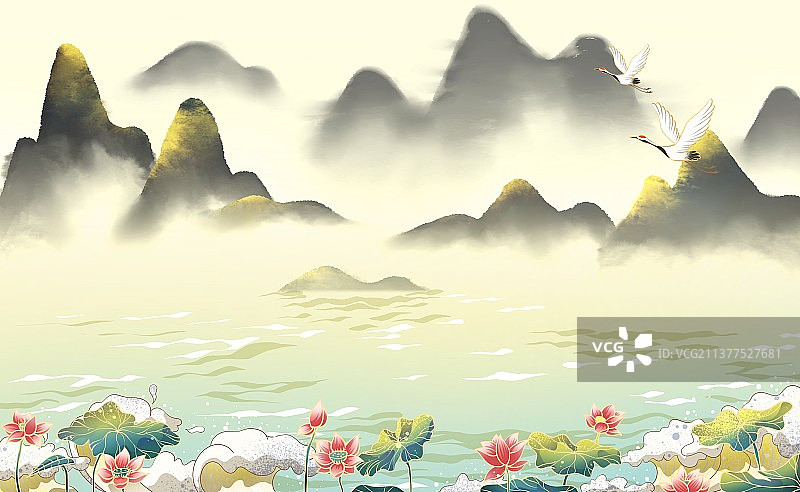 夏天荷花山脉风景插画图片素材