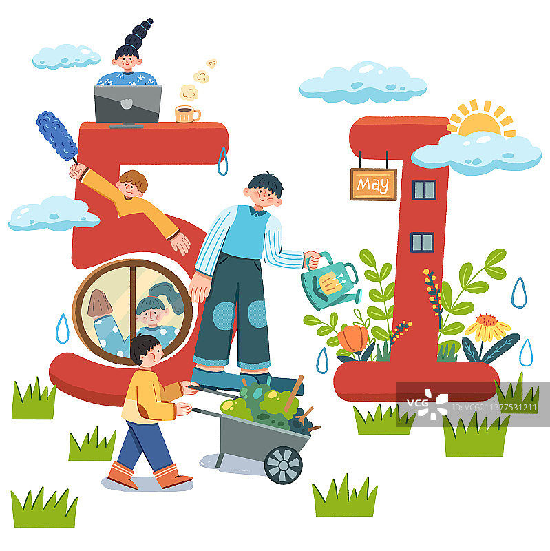 五一劳动节干家务扁平风商业插画图片素材