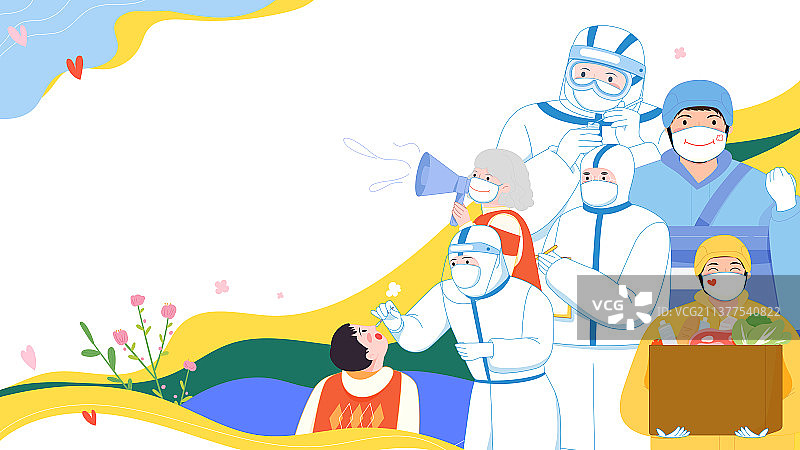 各行业人员一起抗击疫情矢量插画背景横图图片素材