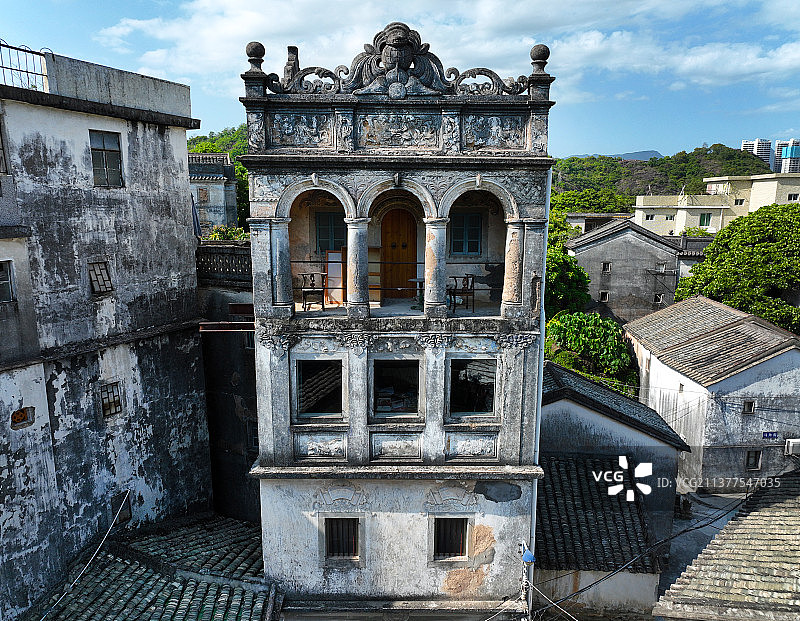 广东省惠州市大亚湾澳头妈庙古村马角街李番鬼英楼航拍图片素材