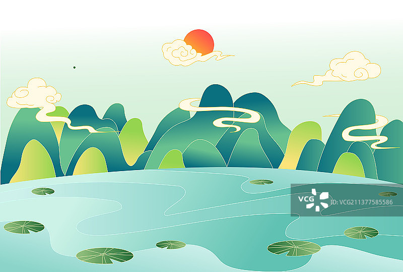 中国风山水画古风新中式自然风景仙鹤动物祥云喜庆矢量插画图片素材