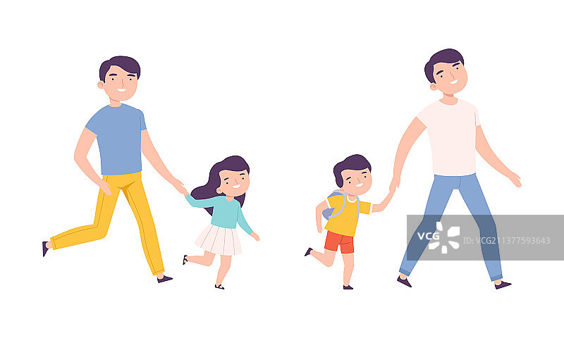 父亲和孩子们手牵手散步图片素材