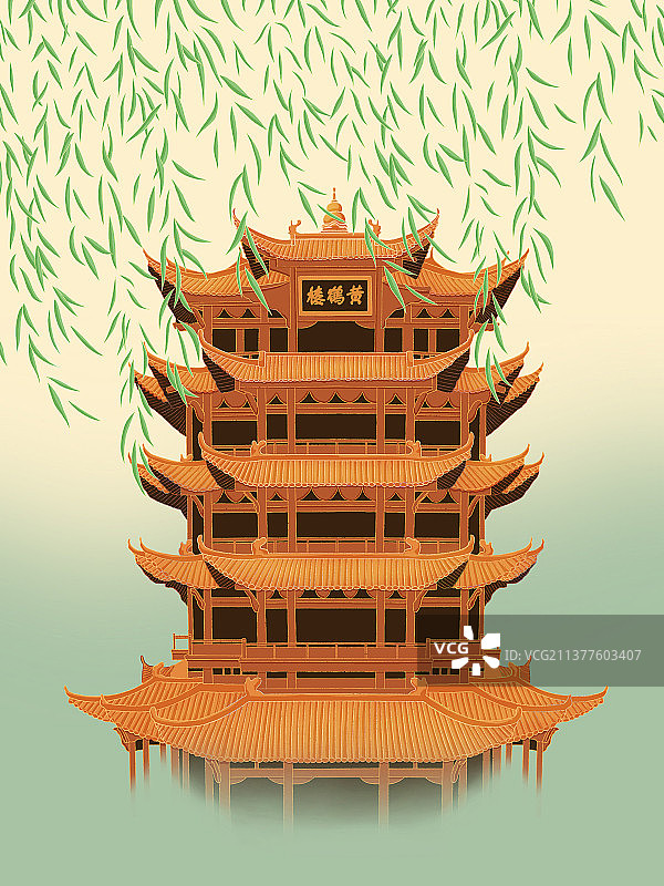 雄伟的黄鹤楼和柳树图片素材