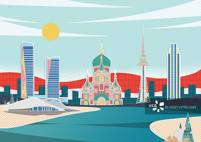 黑龙江哈尔滨地标建筑旅行插画图片素材