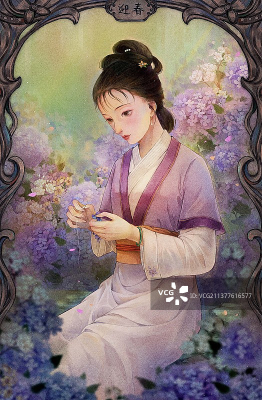 红楼梦金陵十二钗人物古风插画有框——贾迎春图片素材