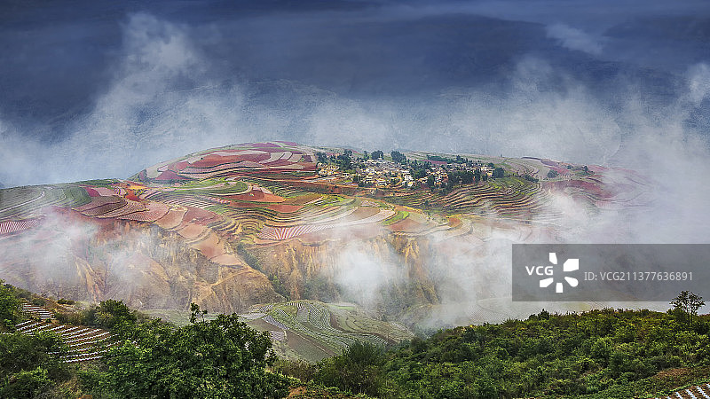 东川红土地——雾锁落霞坡图片素材