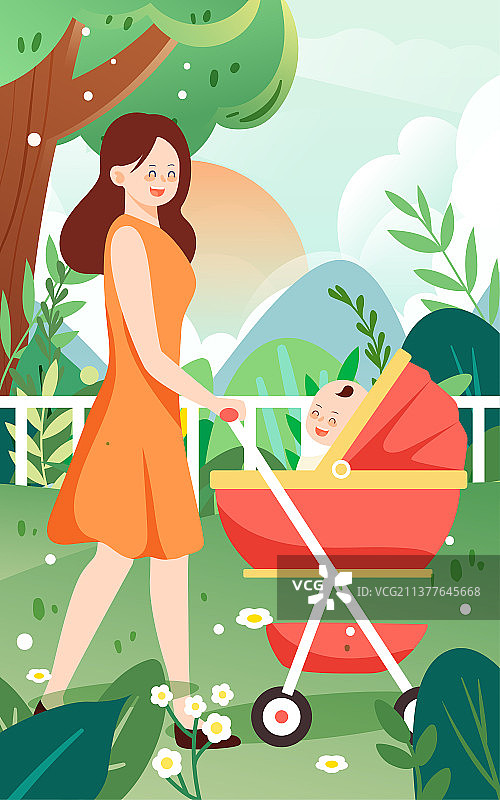 母亲节妈妈推着婴儿车散步插画母婴温馨海报图片素材