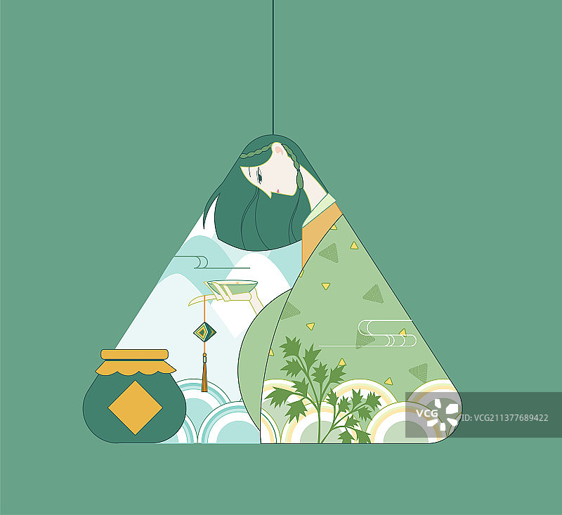 端午节粽子外形，中女生边喝雄黄酒边拿着手中五彩绳图片素材