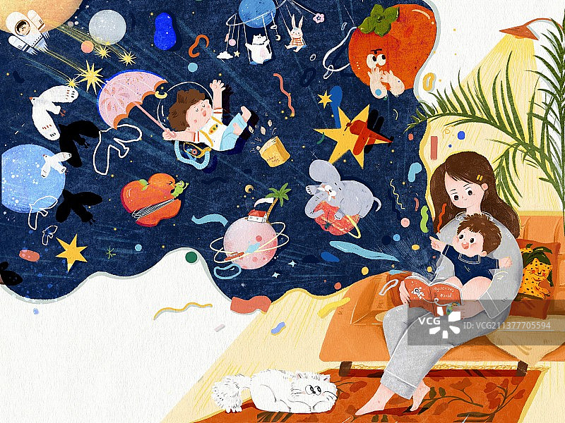 亲子共读，书香四溢，天马行空，无限想象图片素材