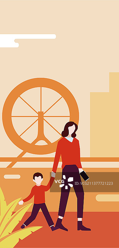 红色母亲拿手机带孩子散步，节日新年母子去游乐园摩天轮图片素材