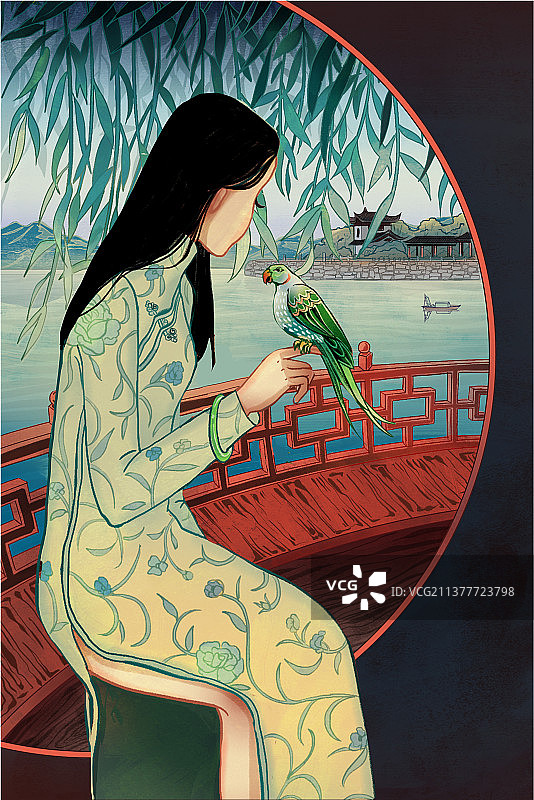 国风古装美女水边坐在红色长廊和鹦鹉对话听鸟语柳叶船远处的古建筑图片素材