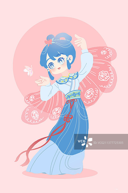 可爱古装女孩手绘插画造型祝英台变成蝴蝶图片素材