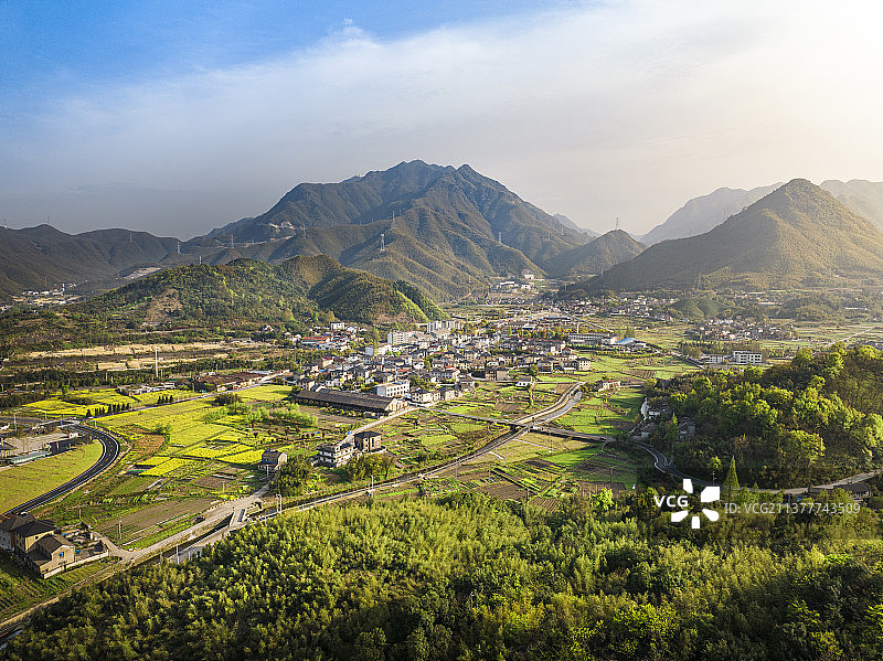 春季湖州市安吉天荒坪镇余村高视角航拍大景 油菜花田 美丽乡村图片素材