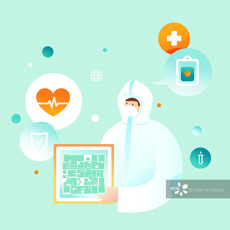 卡通口罩防护志愿者疫情医疗健康户外运输食品物资医药送货健康码居家隔离核酸检测报告渐变矢量插画图片素材