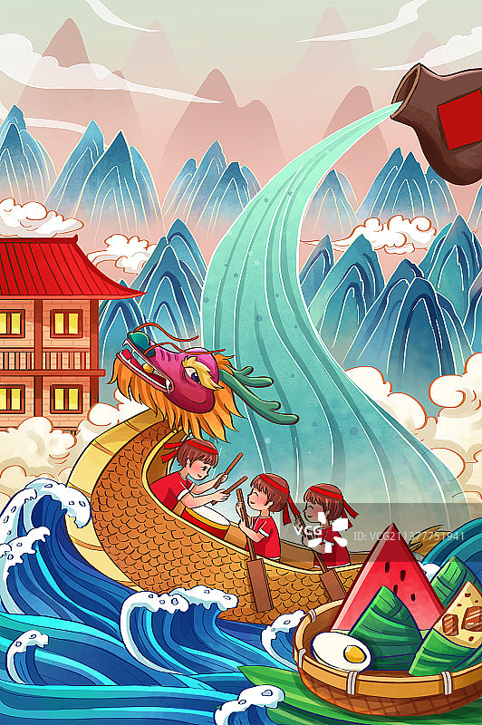中国风端午节酒粽子赛龙舟西瓜祥云山水古建筑房屋插画图片素材