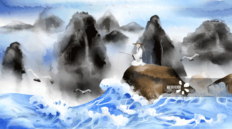 中国风姜子牙老人钓鱼插画-GIF动图图片素材