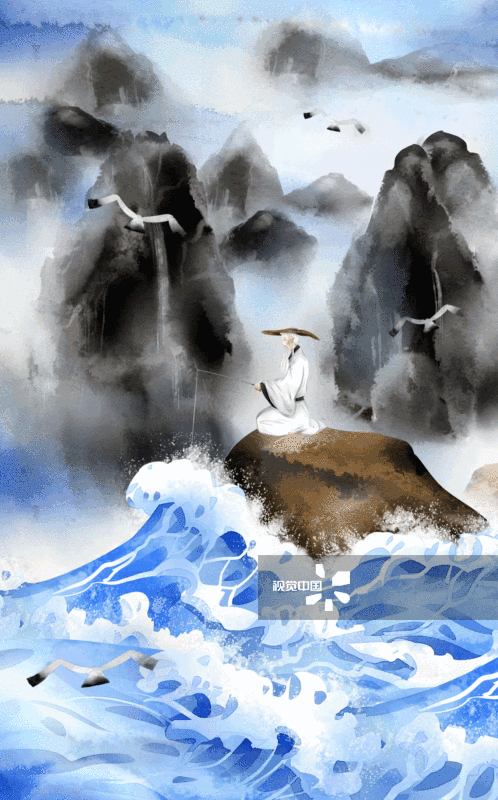 中国风姜子牙老人钓鱼插画-GIF动图图片素材