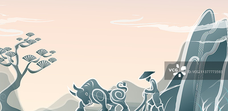 东方农夫在山水间赶牛耕田的唯美插画图片素材