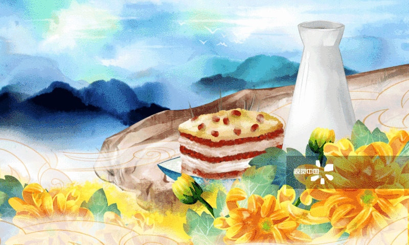 中国风重阳节糕与菊花酒插画-GIF动图图片素材