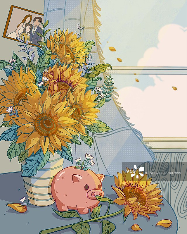 阳光照进室内的小桌子以及上面摆放着的向日葵花和小猪银行图片素材
