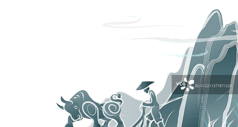 农夫在山水间赶牛耕田的唯美插画图片素材