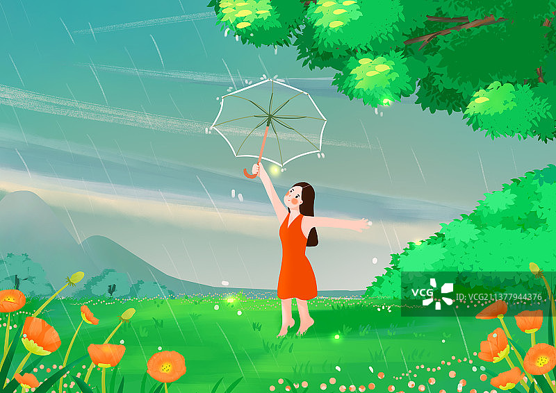 夏天在雨中起舞的女孩插画图片素材