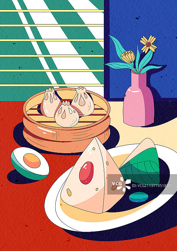 扁平风端午节粽子烧麦咸鸭蛋花瓶图片素材