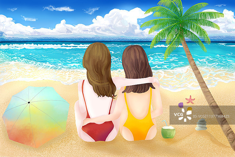 坐在沙滩上看海的闺蜜图片素材