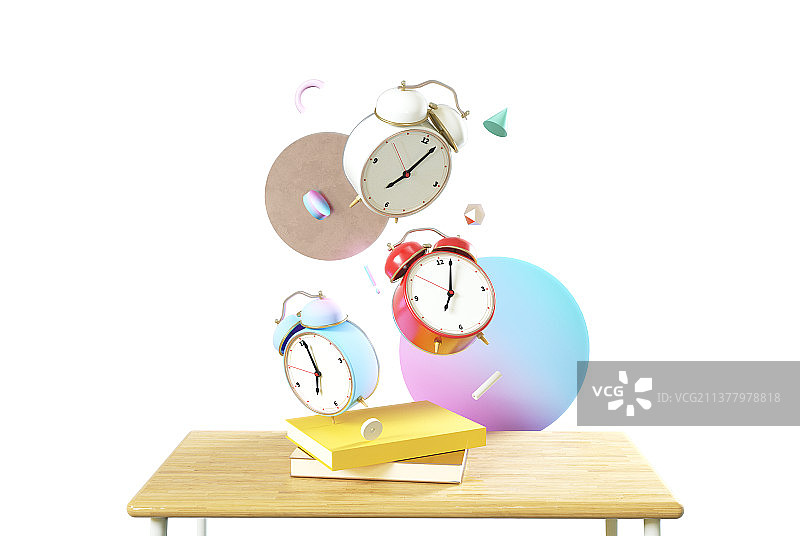 三个悬浮彩色闹钟图片素材