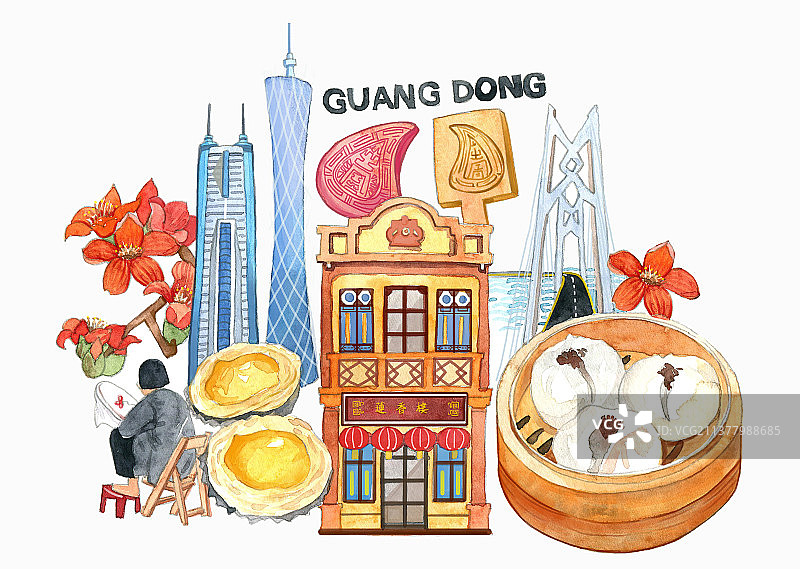 城市插画之广东广州叉烧包骑楼图片素材