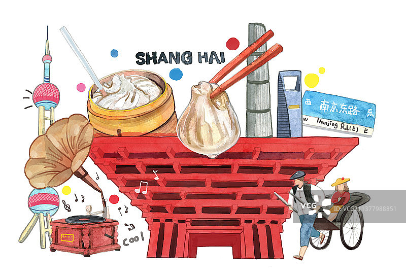 城市插画之上海灌汤包世博园图片素材
