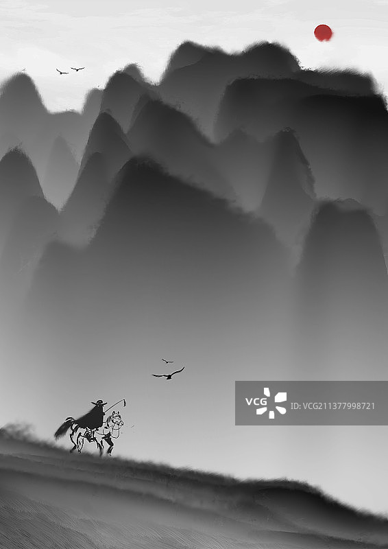 山峰山脚下骑马的人插画图片素材