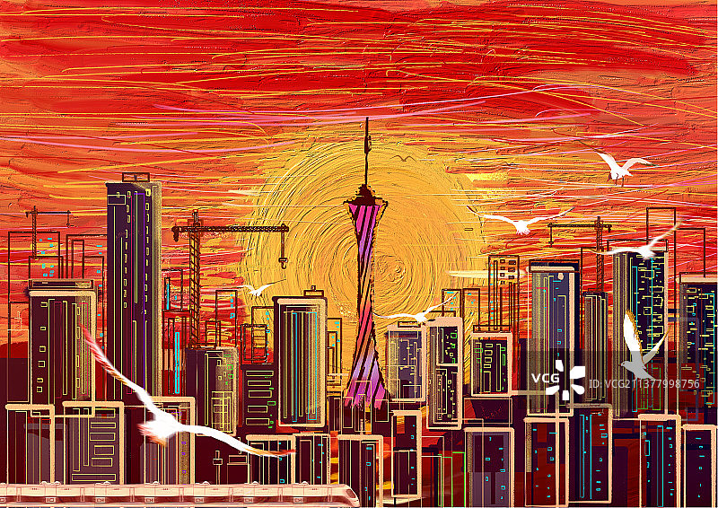 高铁穿梭在广州塔建筑群的日出油画肌理插画图片素材