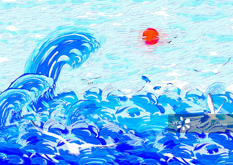 海洋里海浪在翻滚的油画肌理插画图片素材