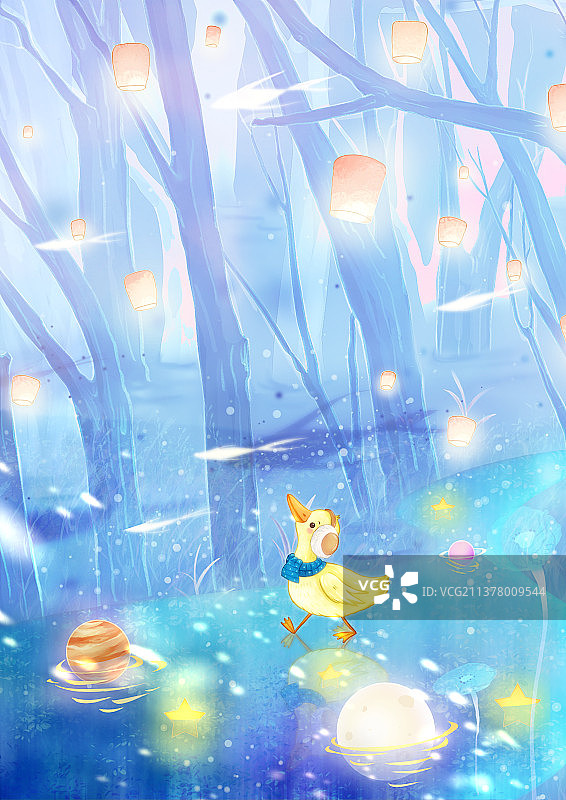 在满是孔明灯的树林里踱步的小鸭子图片素材