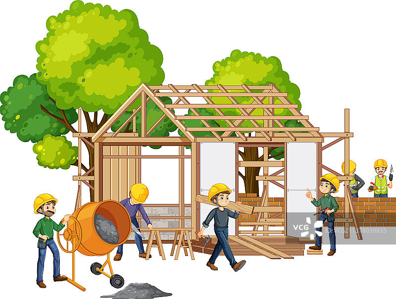 卡通工人的房屋建筑工地图片素材