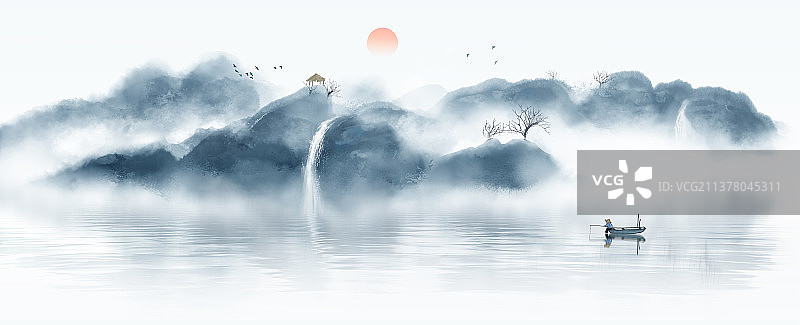 新中式蓝色意境山水画插画背景图片素材