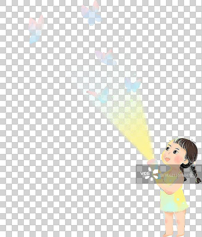 举着手电筒看蝴蝶的小女孩手绘插画图片素材