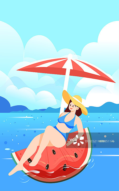 夏天美女海边解暑插画立夏节气炎热天气海报图片素材