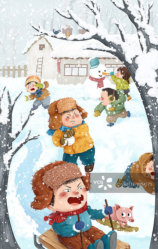 冬天户外玩耍卡通欢快插画图片素材