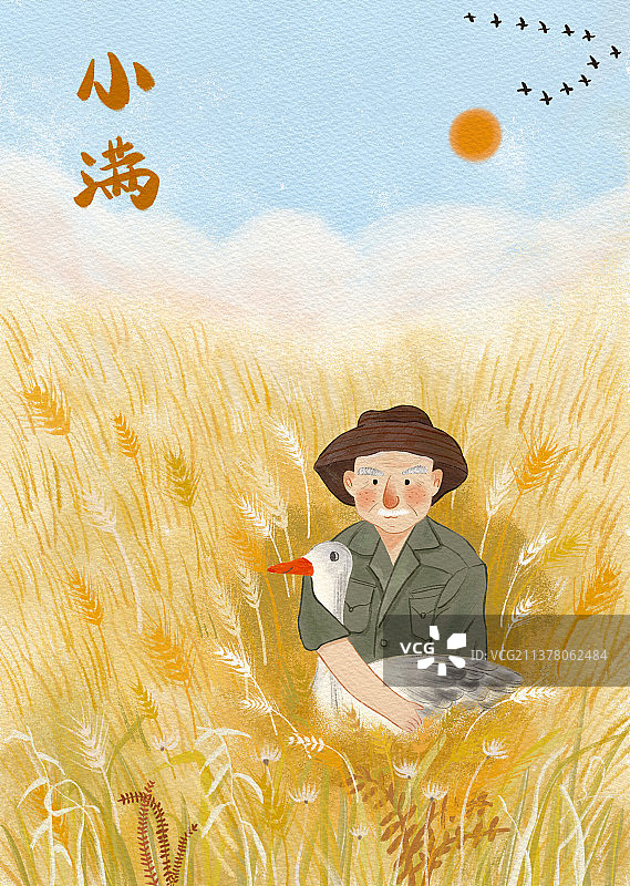 手绘小满二十四节气丰收老爷爷和鹅图片素材