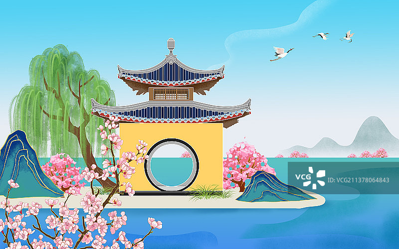 国风瘦西湖春天亭子春花风景图图片素材
