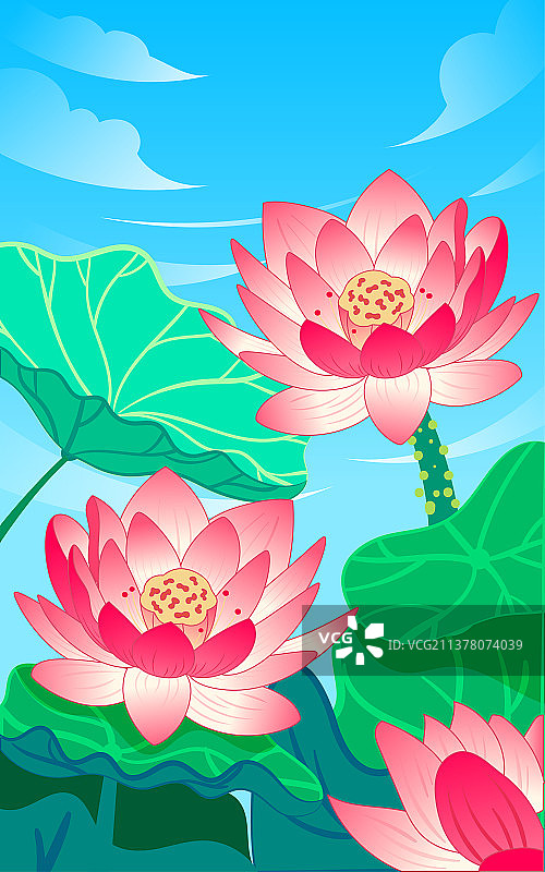 夏天女孩池塘荷叶降暑插画立夏节气风景海报图片素材