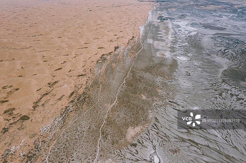 中国甘肃省武威市民勤县沙漠盐碱地地貌航拍图图片素材