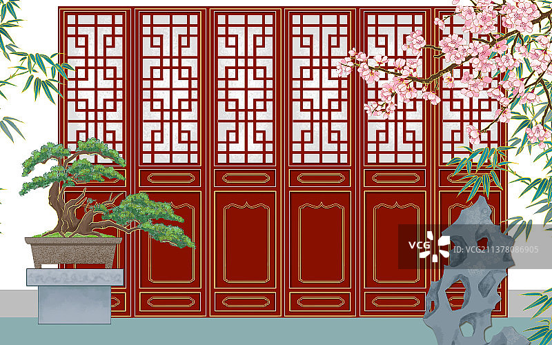 国风格栅门庭院盆景假山图图片素材